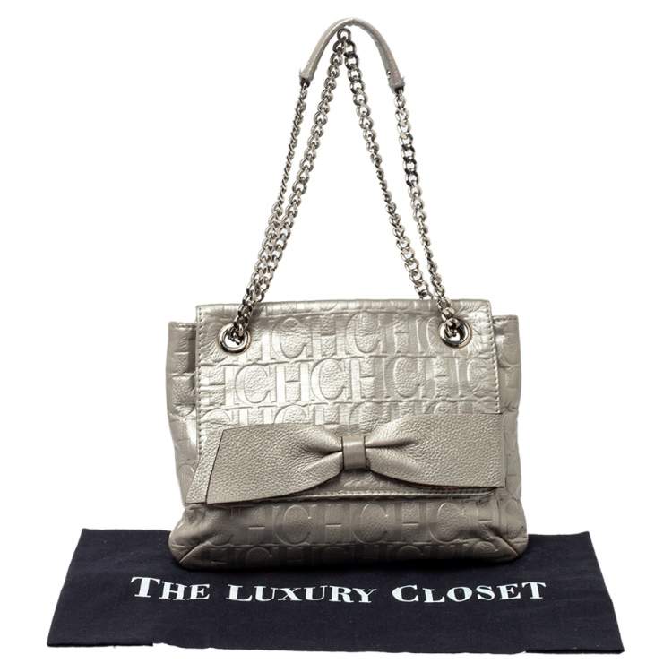 Pre Owned Carolina Herrera Silver Embossed Leather Audrey Shoulder Bag