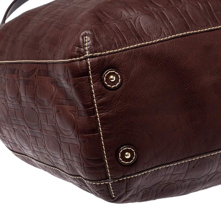 Pre Owned Carolina Herrera Dark Brown Monogram Embossed Leather Drawstring Oversized Tote