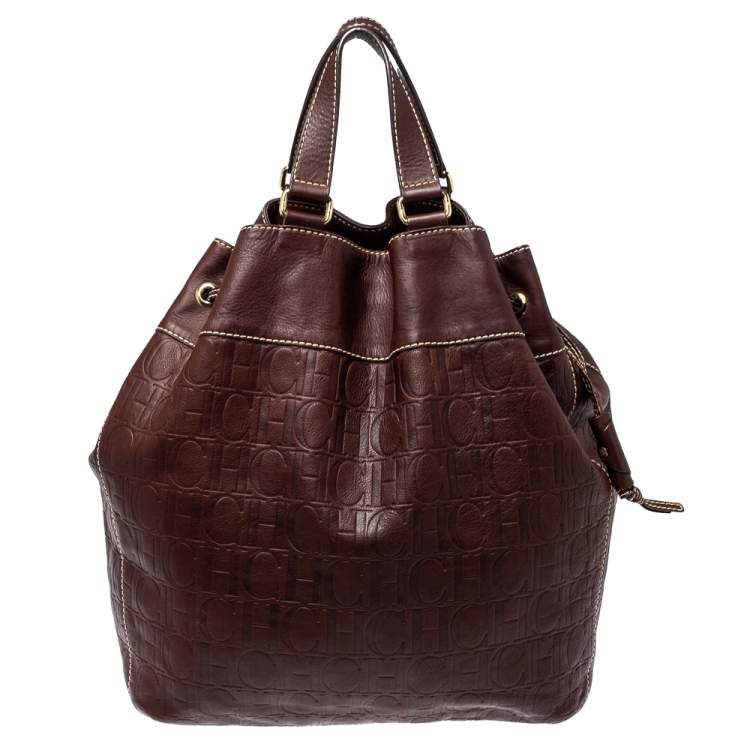 Pre Owned Carolina Herrera Dark Brown Monogram Embossed Leather Drawstring Oversized Tote