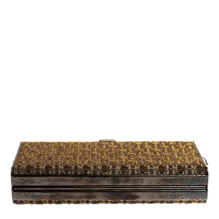Pre Owned Carolina Herrera Gold Shimmering Jacquard Fabric Chain Clutch