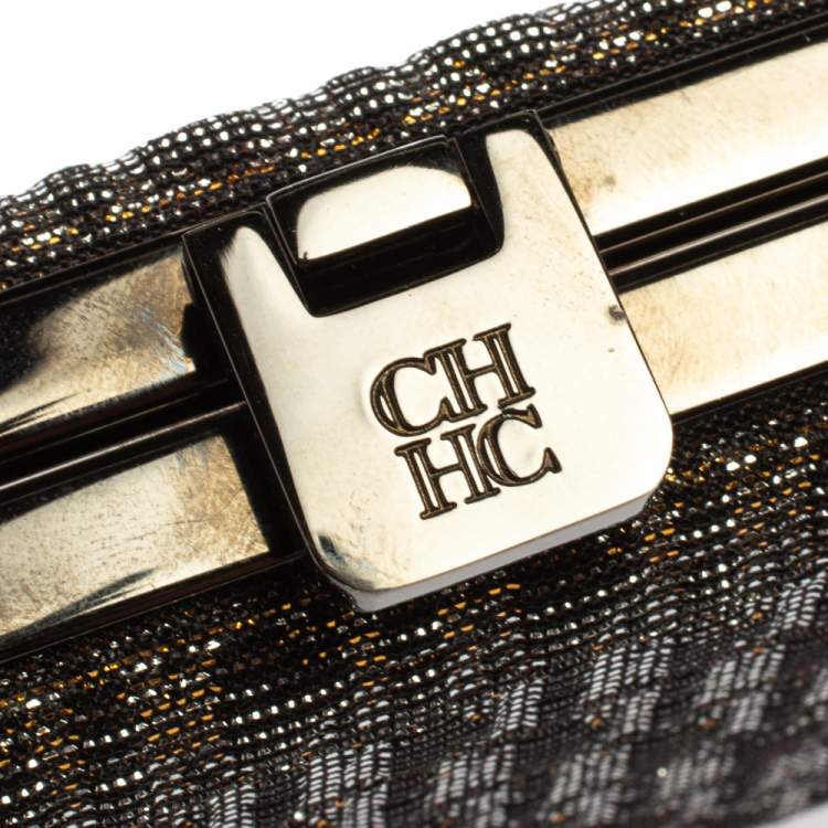 Pre Owned Carolina Herrera Gold Shimmering Jacquard Fabric Chain Clutch