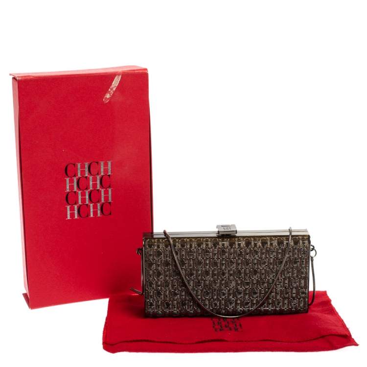 Pre Owned Carolina Herrera Gold Shimmering Jacquard Fabric Chain Clutch