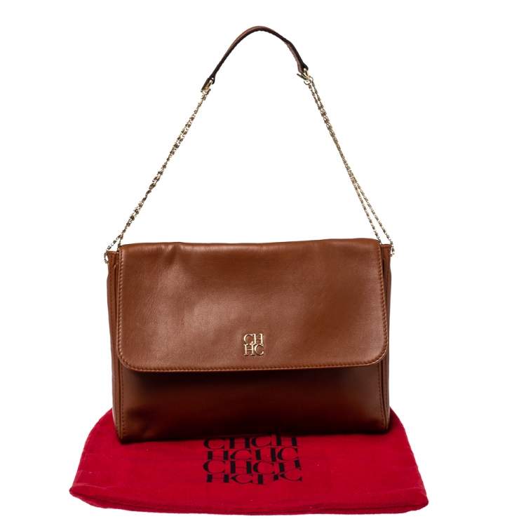 Pre Owned Carolina Herrera Brown Leather Flap Chain Shoulder Bag
