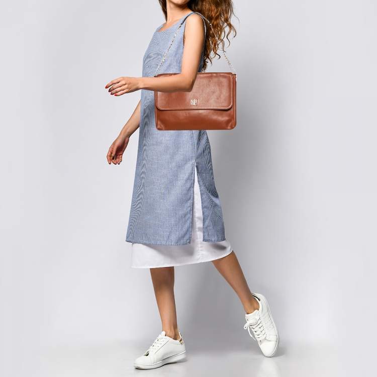 Pre Owned Carolina Herrera Brown Leather Flap Chain Shoulder Bag