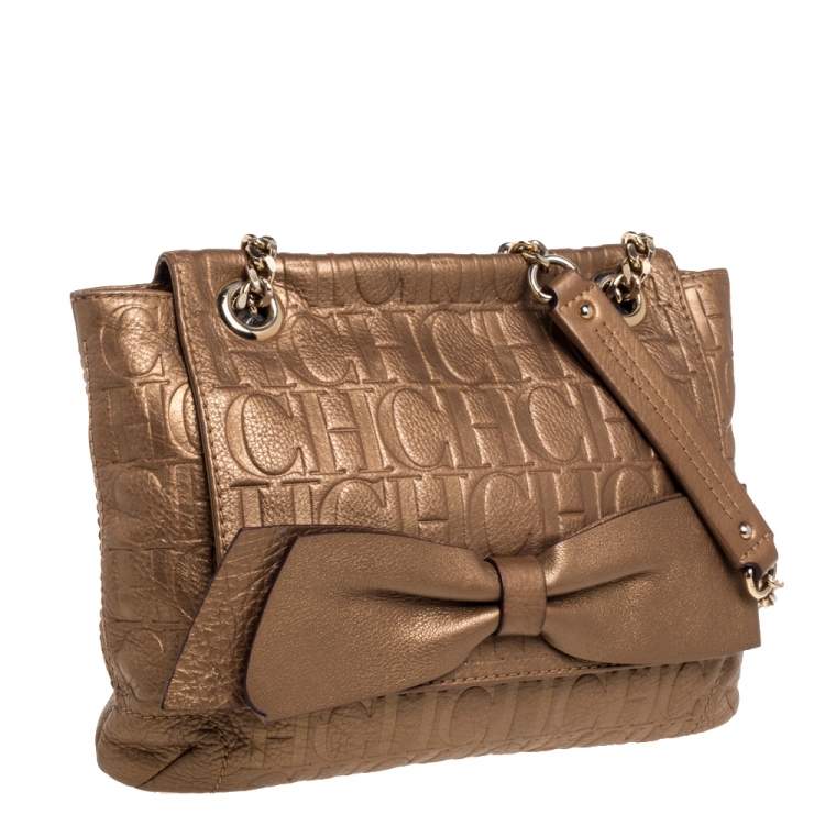 ممل وكة مسبقًا Carolina Herrera Gold Monogram Leather Audrey Shoulder Bag