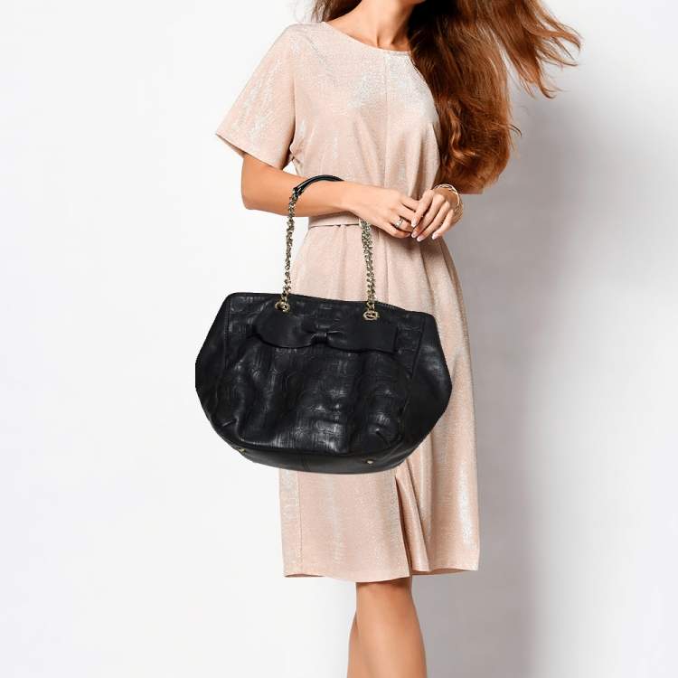 Pre Owned Carolina Herrera Black Monogram Leather Audrey Tote