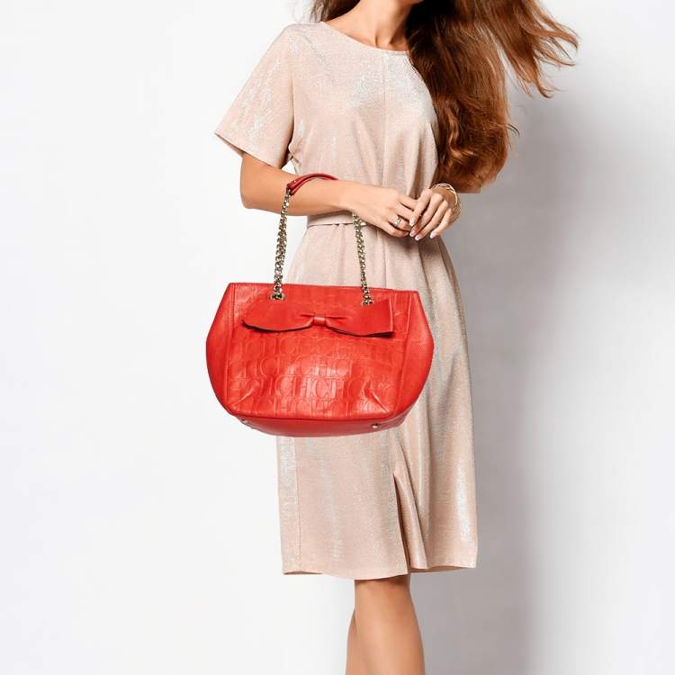 Pre Owned Carolina Herrera Orange Monogram Leather Audrey Tote