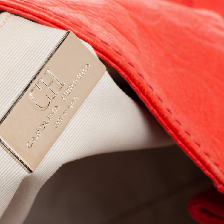 Pre Owned Carolina Herrera Orange Monogram Leather Audrey Tote