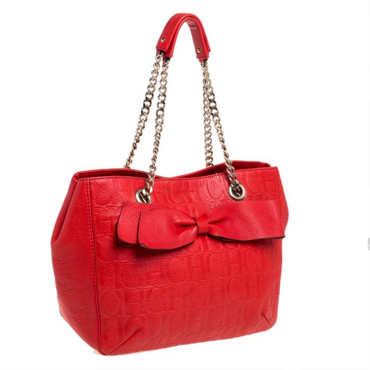 Pre Owned Carolina Herrera Orange Monogram Leather Audrey Tote