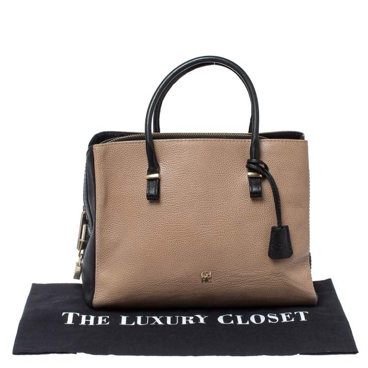 Pre Owned Carolina Herrera Black/Beige Leather Zip Tote