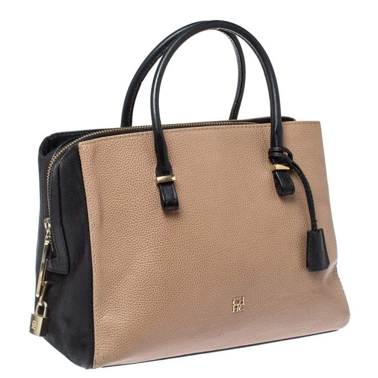 Pre Owned Carolina Herrera Black/Beige Leather Zip Tote
