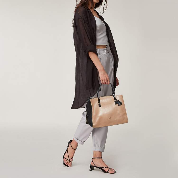 Pre Owned Carolina Herrera Black/Beige Leather Zip Tote