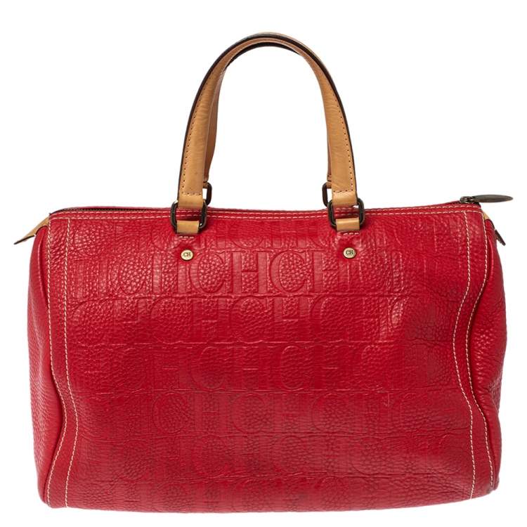 Pre Owned Carolina Herrera Red Monogram Leather Large Andy Boston Bag