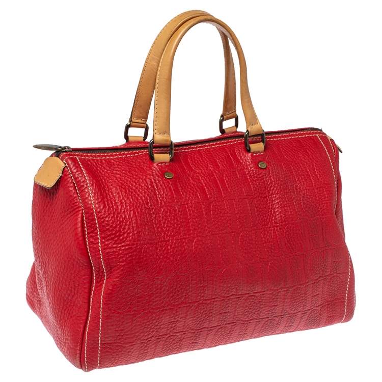 Pre Owned Carolina Herrera Red Monogram Leather Large Andy Boston Bag