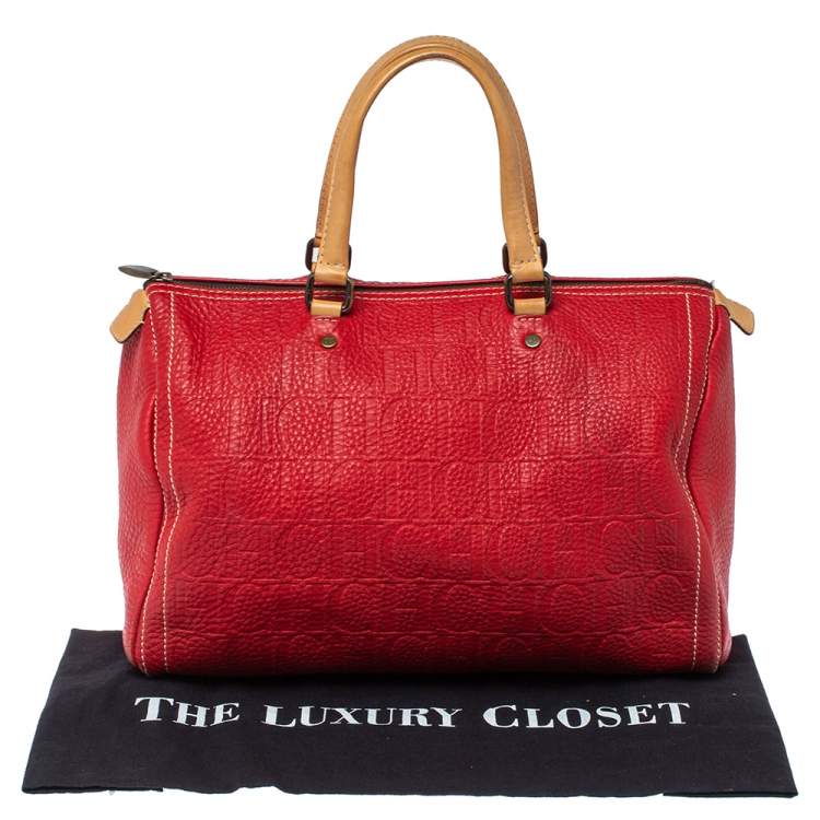 Pre Owned Carolina Herrera Red Monogram Leather Large Andy Boston Bag