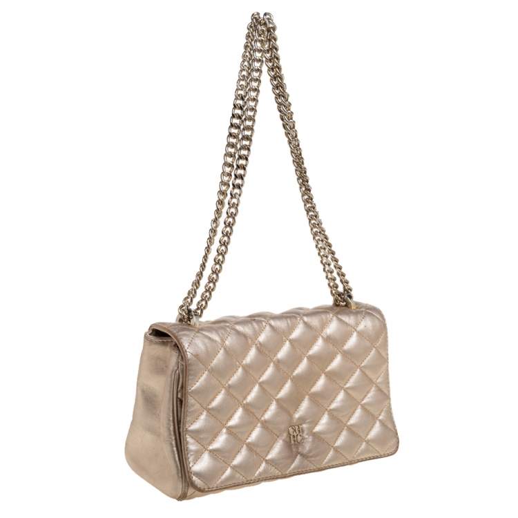 Pre Owned Carolina Herrera Metallic Gold Quilted Leather Flap Chain Shoulder Bag