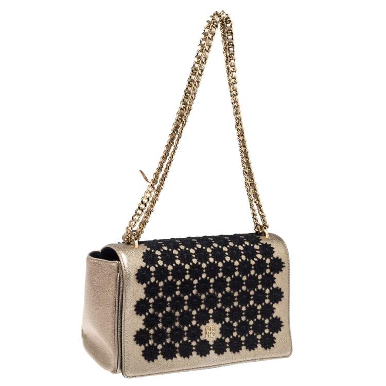 Pre Owned Carolina Herrera Light Gold Floral Embroidered Leather Flap Chain Shoulder Bag