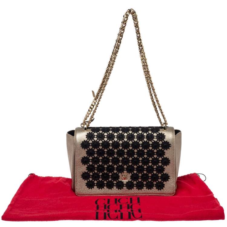 Pre Owned Carolina Herrera Light Gold Floral Embroidered Leather Flap Chain Shoulder Bag
