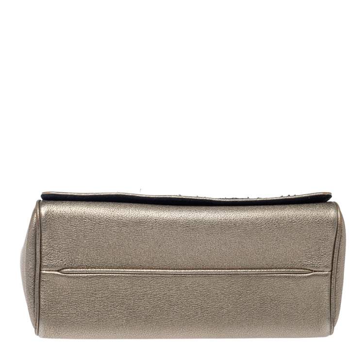 Pre Owned Carolina Herrera Light Gold Floral Embroidered Leather Flap Chain Shoulder Bag