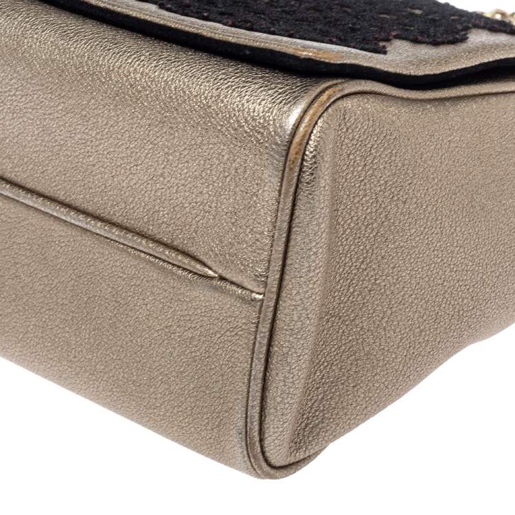 Pre Owned Carolina Herrera Light Gold Floral Embroidered Leather Flap Chain Shoulder Bag