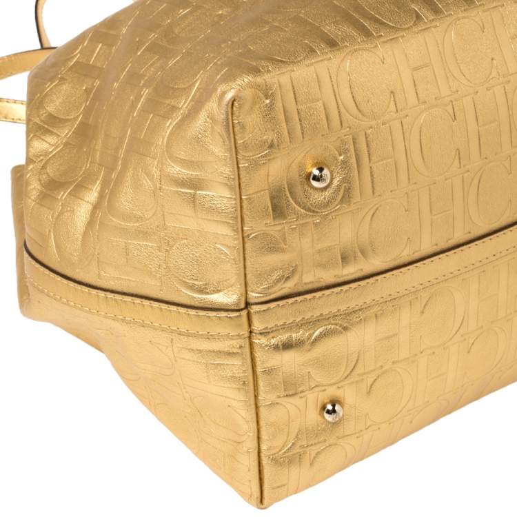 Pre Owned  Carolina Herrera Gold Monogram Embossed Leather Tote