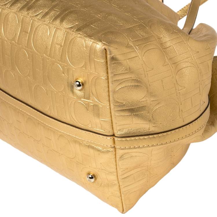 Pre Owned  Carolina Herrera Gold Monogram Embossed Leather Tote