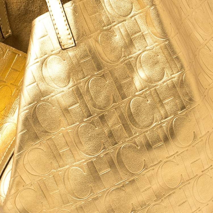 Pre Owned  Carolina Herrera Gold Monogram Embossed Leather Tote