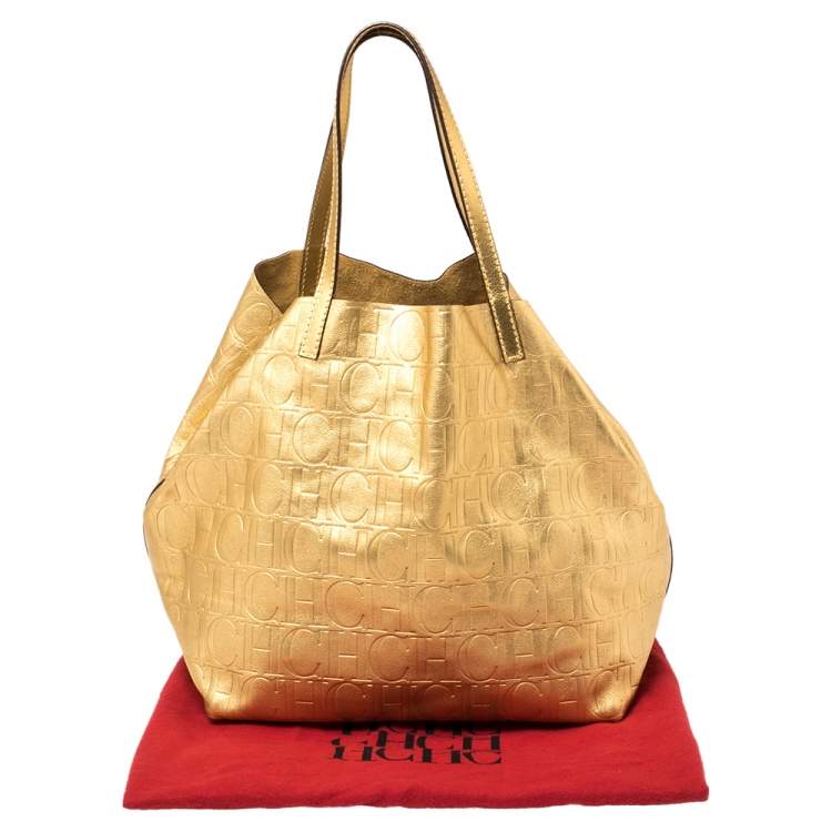 Pre Owned  Carolina Herrera Gold Monogram Embossed Leather Tote