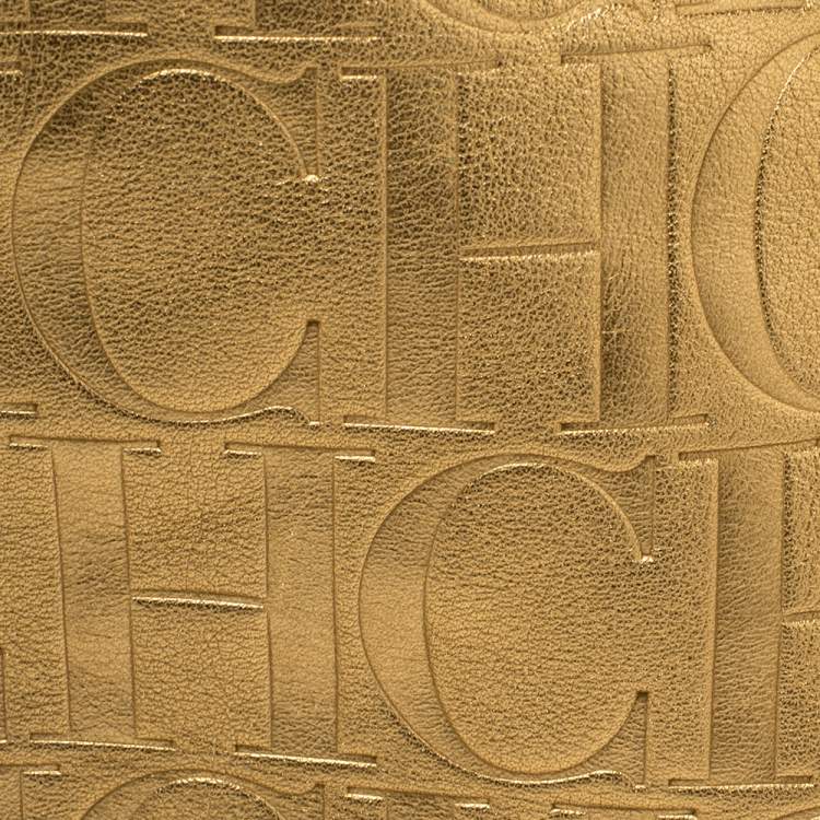 Pre Owned  Carolina Herrera Gold Monogram Embossed Leather Tote