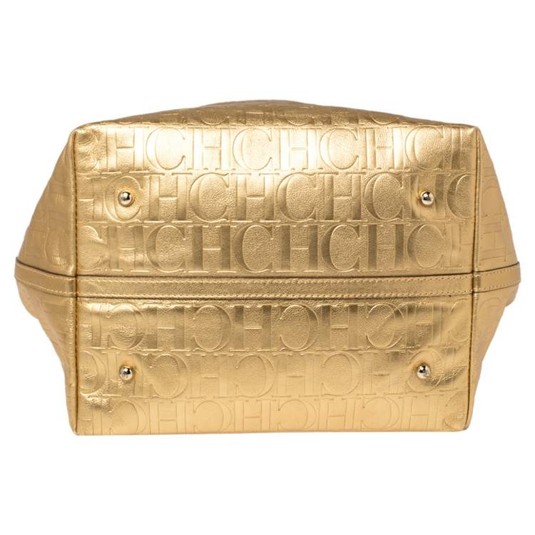 Pre Owned  Carolina Herrera Gold Monogram Embossed Leather Tote