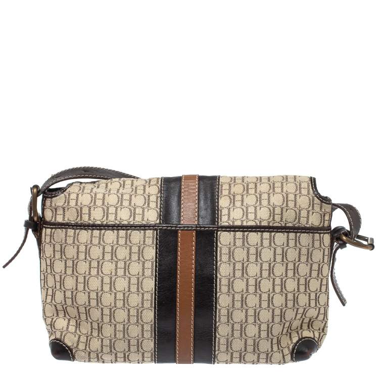 مملوكة مسبقًا Carolina Herrera Beige/Brown Monogram  Canvas And Leather Flap Shoulder Bag