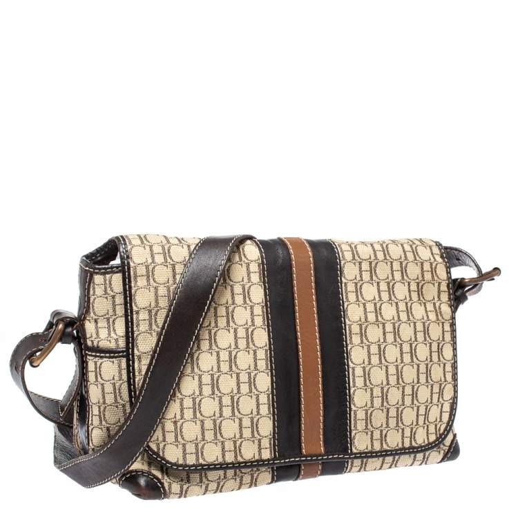 مملوكة مسبقًا Carolina Herrera Beige/Brown Monogram  Canvas And Leather Flap Shoulder Bag