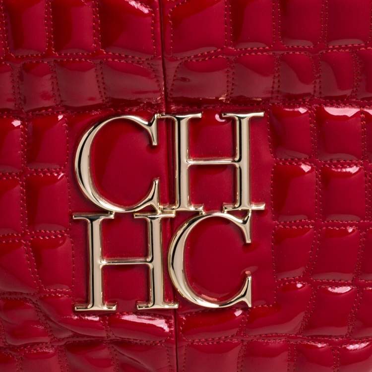 Pre Owned Carolina Herrera Red Croc Embossed Patent Leather Logo Chain Shoulder Bag