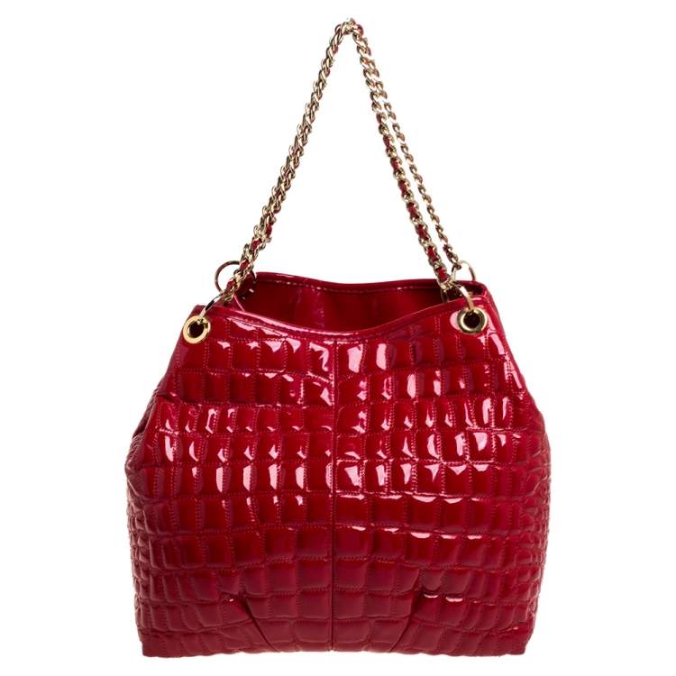 Pre Owned Carolina Herrera Red Croc Embossed Patent Leather Logo Chain Shoulder Bag