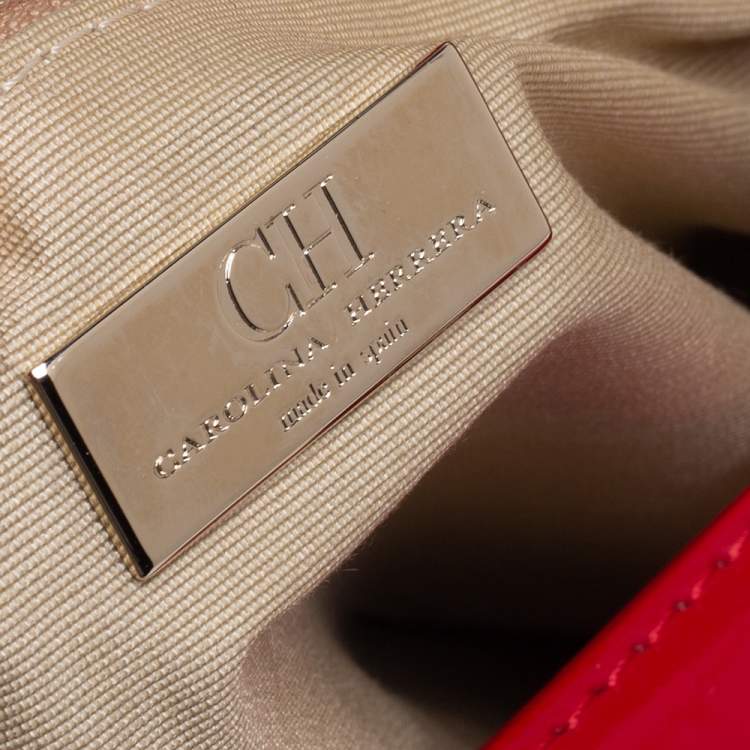 Pre Owned Carolina Herrera Red Croc Embossed Patent Leather Logo Chain Shoulder Bag