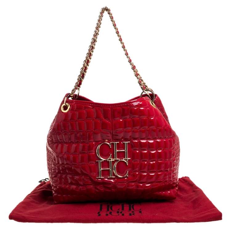 Pre Owned Carolina Herrera Red Croc Embossed Patent Leather Logo Chain Shoulder Bag