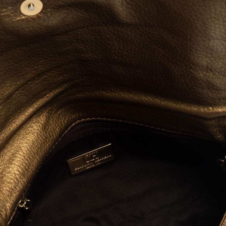 Pre Owned Carolina Herrera Gold Monogram Embossed Leather Bow Chain Clutch