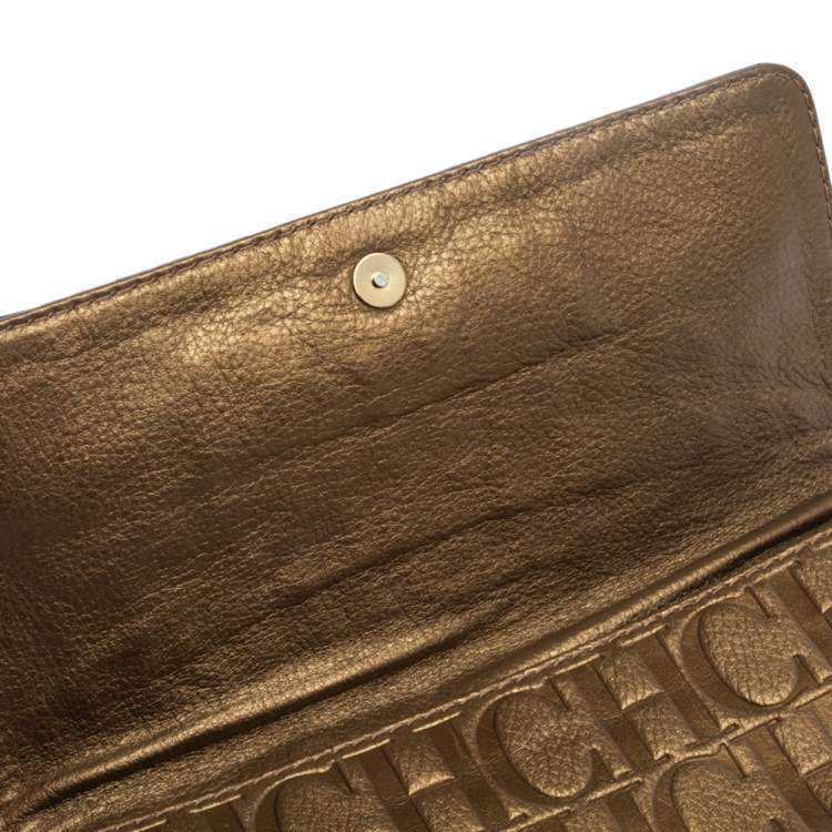 Pre Owned Carolina Herrera Gold Monogram Embossed Leather Bow Chain Clutch