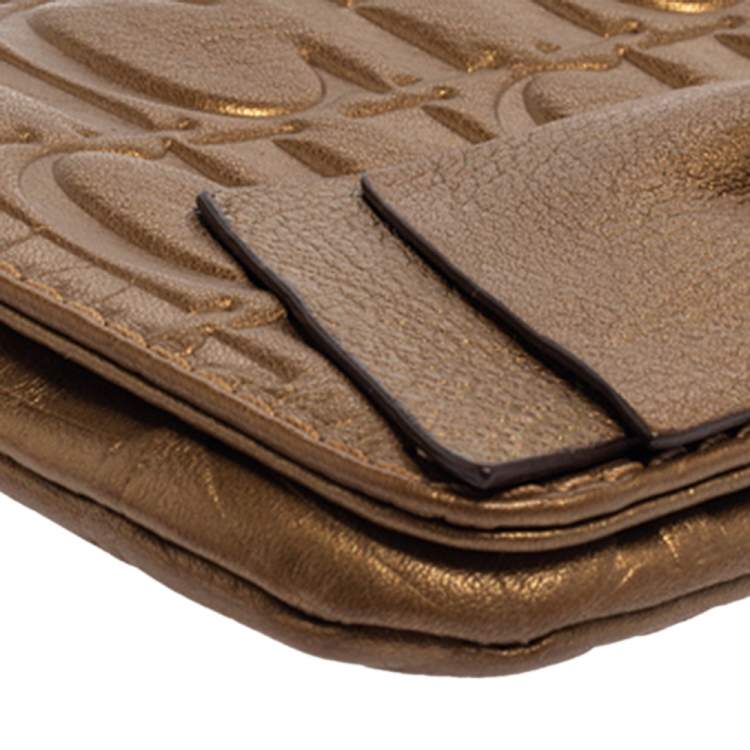 Pre Owned Carolina Herrera Gold Monogram Embossed Leather Bow Chain Clutch