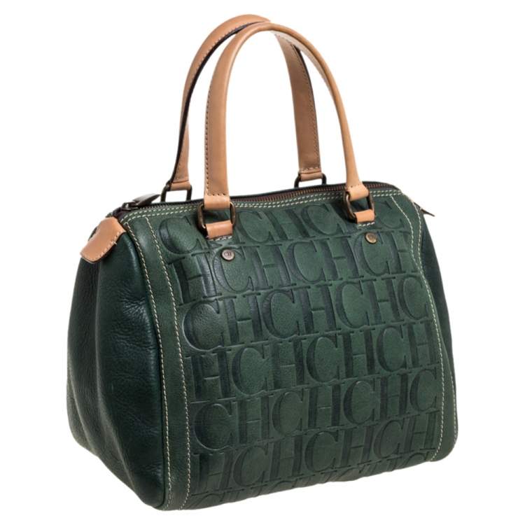 Pre Owned Carolina Herrera Dark Green Monogram Leather Andy Boston Bag