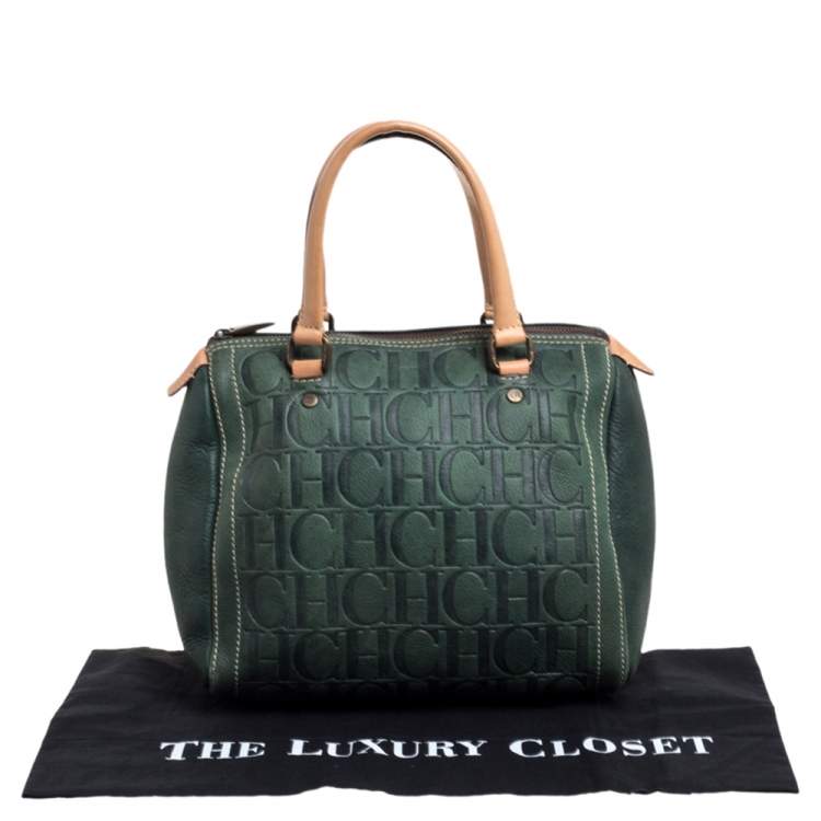 Pre Owned Carolina Herrera Dark Green Monogram Leather Andy Boston Bag