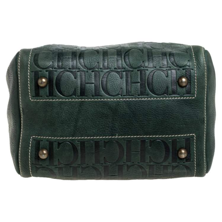 Pre Owned Carolina Herrera Dark Green Monogram Leather Andy Boston Bag