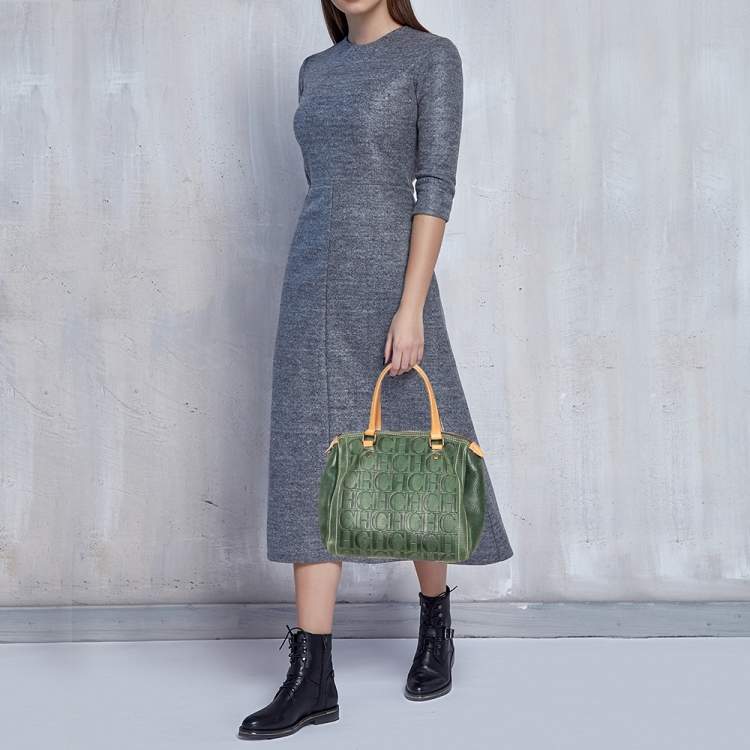 Pre Owned Carolina Herrera Dark Green Monogram Leather Andy Boston Bag