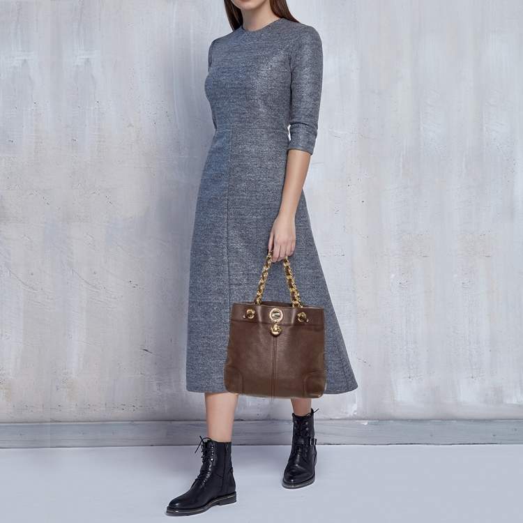 Pre Owned Carolina Herrera Brown Leather Chain Handle Tote