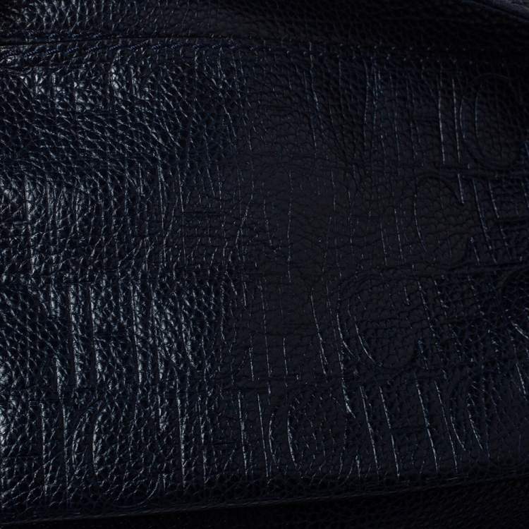 Pre Owned Carolina Herrera Navy Blue  Monogram Embossed Leather Minuetto Flap Top Handle Bag