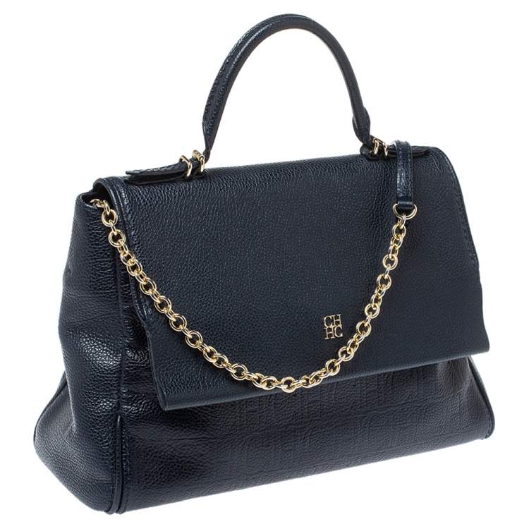 Pre Owned Carolina Herrera Navy Blue  Monogram Embossed Leather Minuetto Flap Top Handle Bag