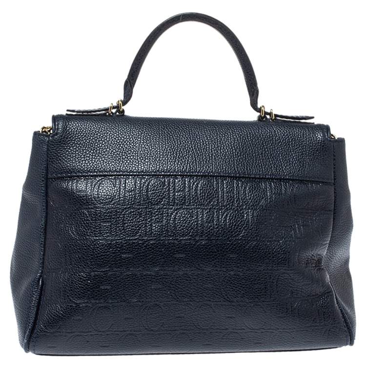 Pre Owned Carolina Herrera Navy Blue  Monogram Embossed Leather Minuetto Flap Top Handle Bag