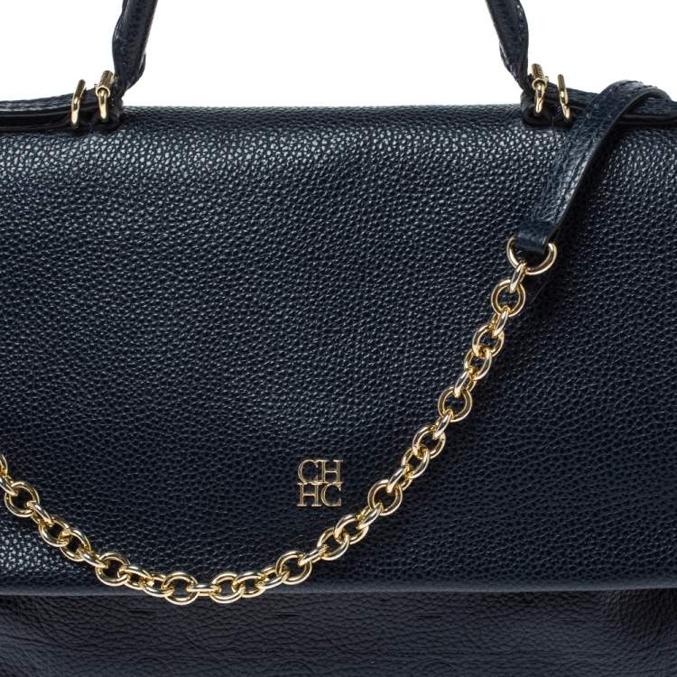 Pre Owned Carolina Herrera Navy Blue  Monogram Embossed Leather Minuetto Flap Top Handle Bag
