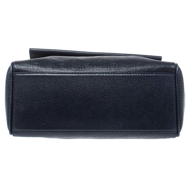 Pre Owned Carolina Herrera Navy Blue  Monogram Embossed Leather Minuetto Flap Top Handle Bag