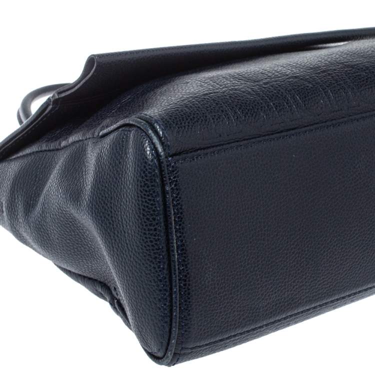 Pre Owned Carolina Herrera Navy Blue  Monogram Embossed Leather Minuetto Flap Top Handle Bag